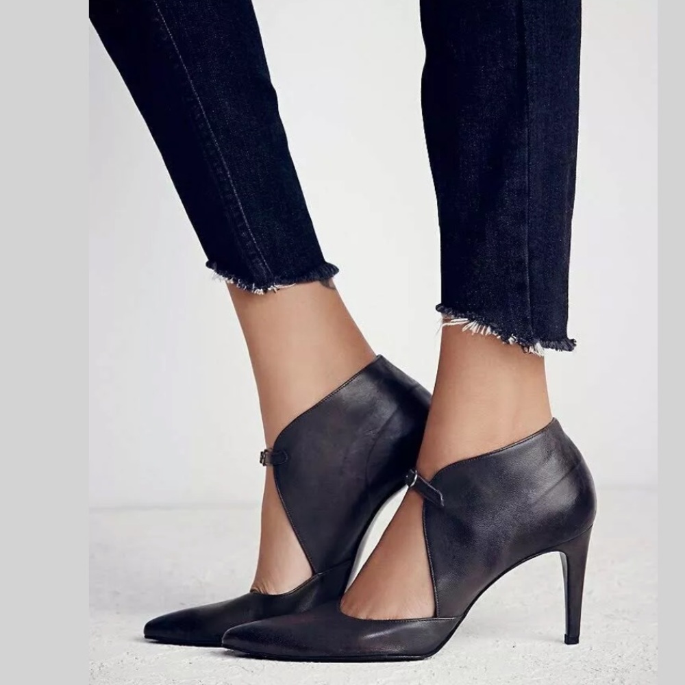 Free People Black Leather Pointed Toe Cutout Ankle Heels